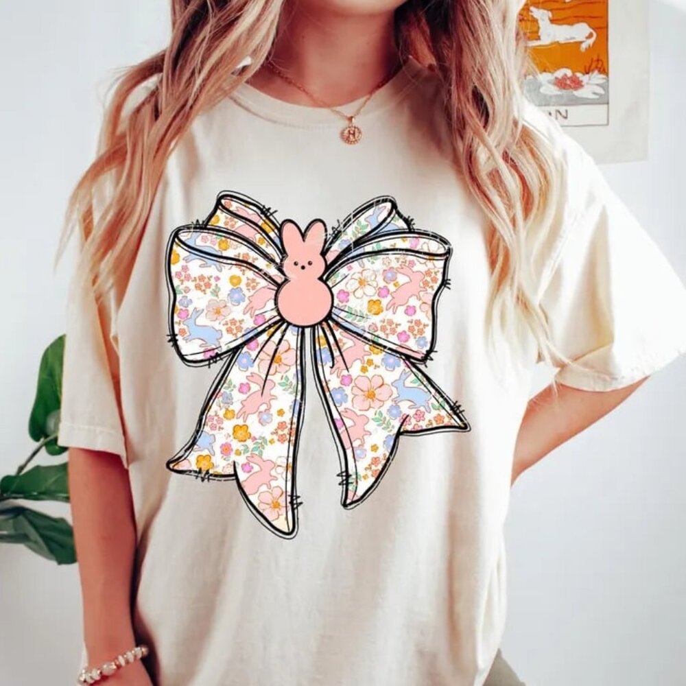 Funny Bunny Easter Tshirt, Easter Rabbit Bow Gift Tee - Picture 1 of 4